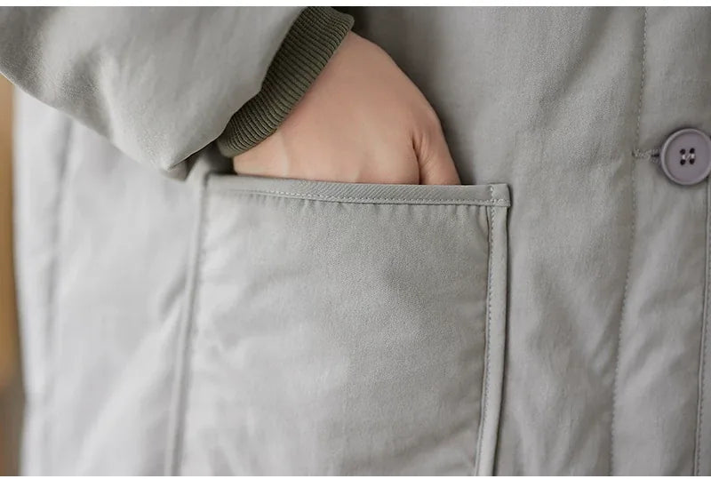 Gray Hooded Padded Jacket with Patch Pockets and Ribbed Cuffs