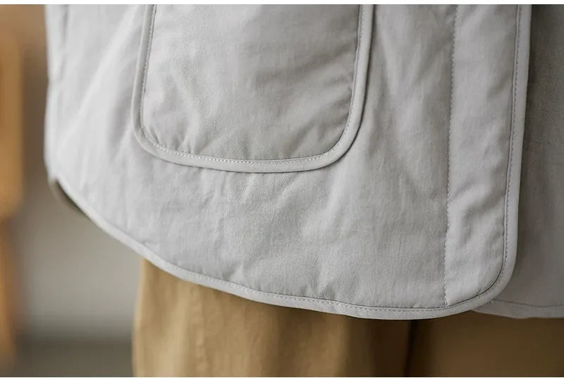 Gray Hooded Padded Jacket with Patch Pockets and Ribbed Cuffs
