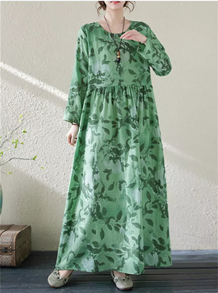 Grünes, bedrucktes Maxikleid aus Baumwoll-Leinen-Mischgewebe im Boho-Stil mit langen Ärmeln