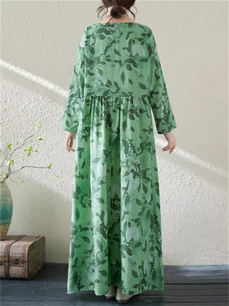 Grünes, bedrucktes Maxikleid aus Baumwoll-Leinen-Mischgewebe im Boho-Stil mit langen Ärmeln