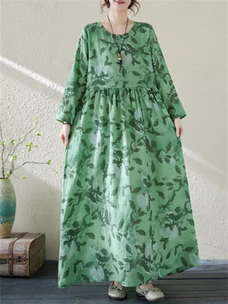 Grünes, bedrucktes Maxikleid aus Baumwoll-Leinen-Mischgewebe im Boho-Stil mit langen Ärmeln