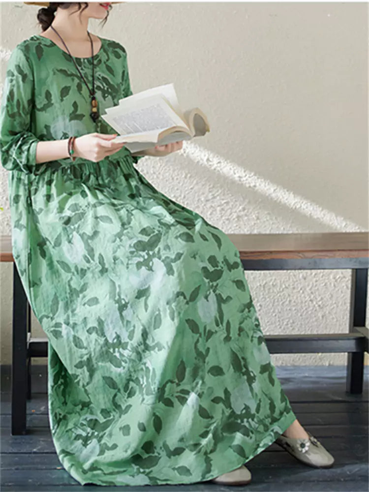 Grünes, bedrucktes Maxikleid aus Baumwoll-Leinen-Mischgewebe im Boho-Stil mit langen Ärmeln