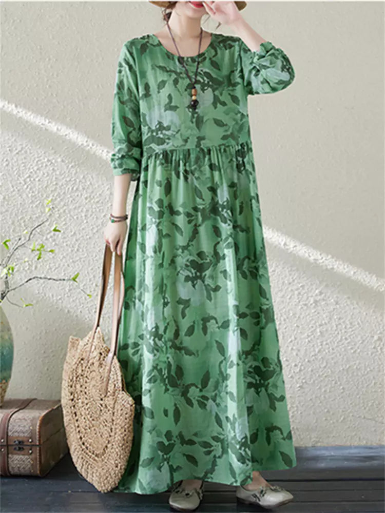 Grünes, bedrucktes Maxikleid aus Baumwoll-Leinen-Mischgewebe im Boho-Stil mit langen Ärmeln