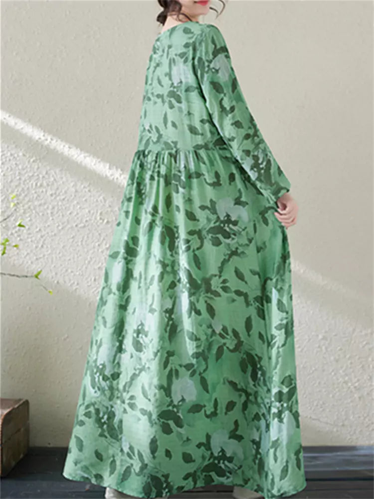Grünes, bedrucktes Maxikleid aus Baumwoll-Leinen-Mischgewebe im Boho-Stil mit langen Ärmeln