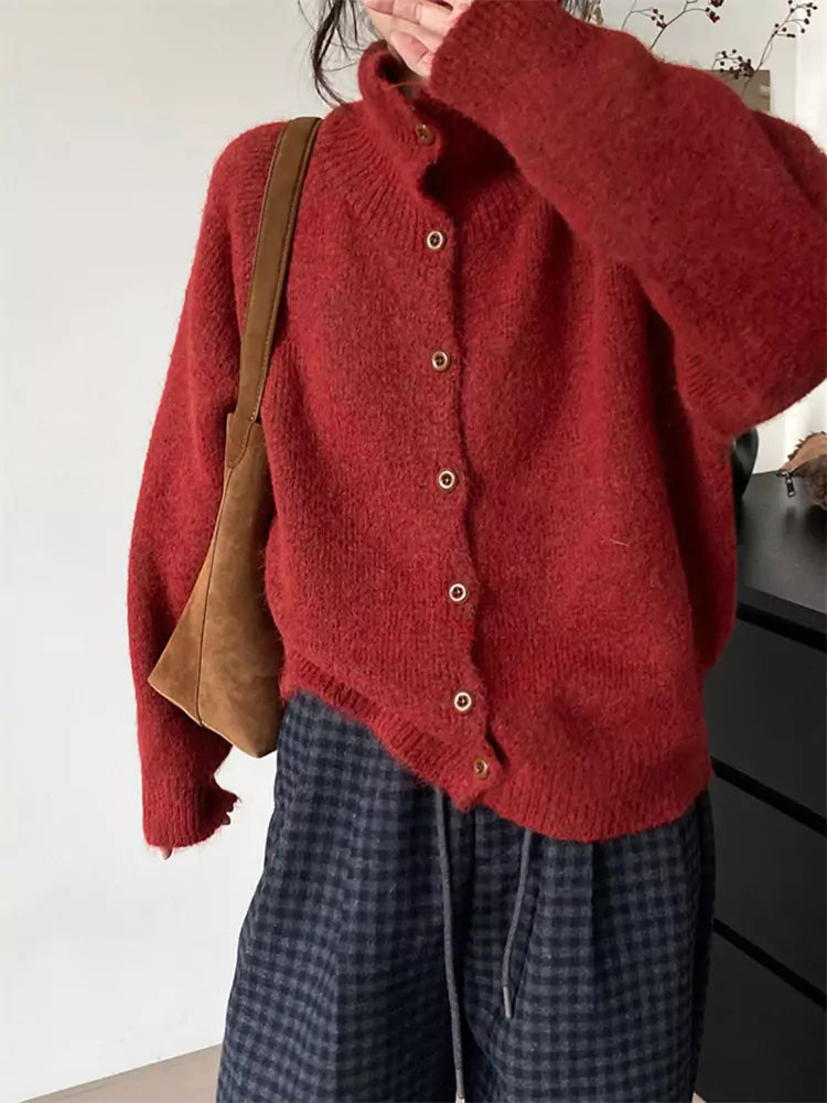 Cozy and Chic Green Stand Collar Cardigan