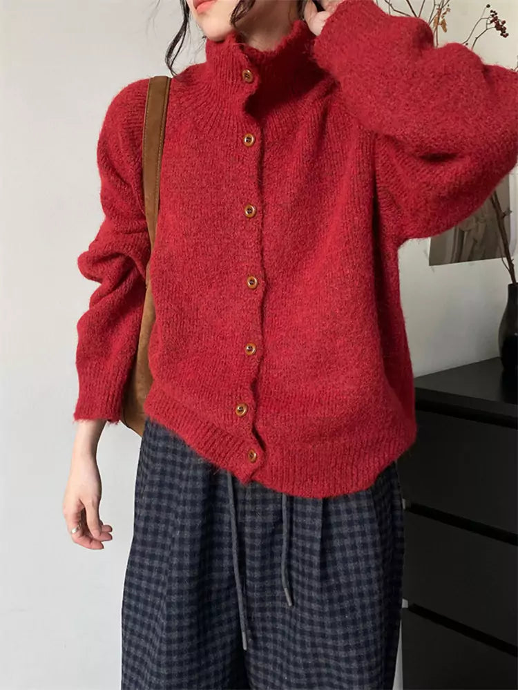 Cozy and Chic Green Stand Collar Cardigan