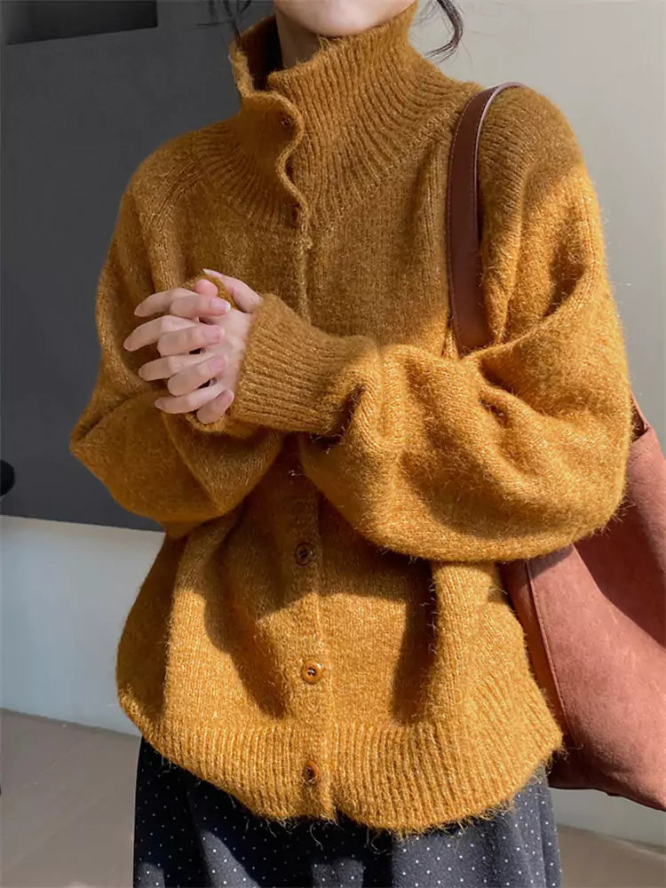 Cozy and Chic Green Stand Collar Cardigan