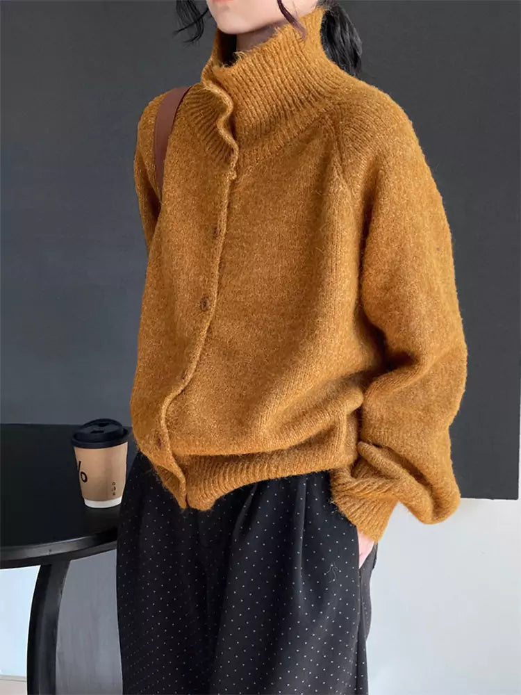 Cozy and Chic Green Stand Collar Cardigan