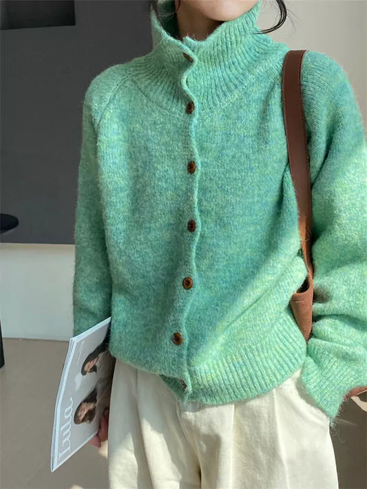 Cozy and Chic Green Stand Collar Cardigan