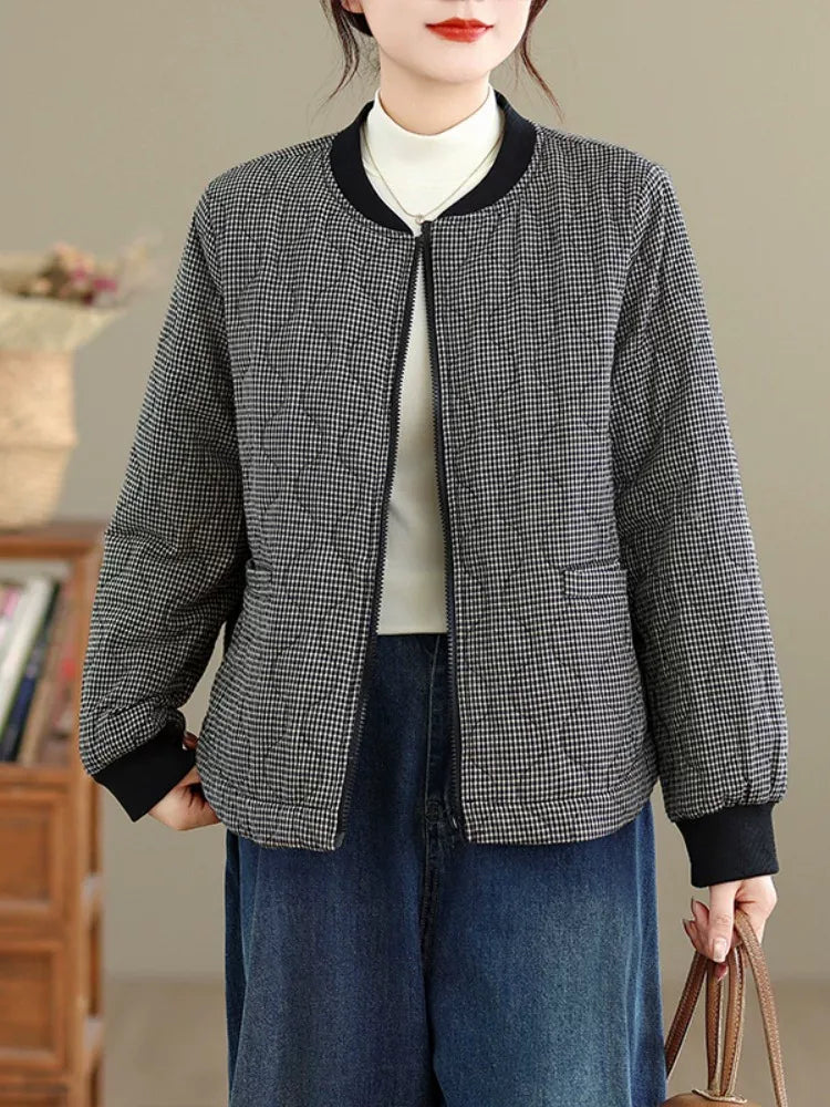 Grey Check Quilted Padded Jacket with Baseball Collar