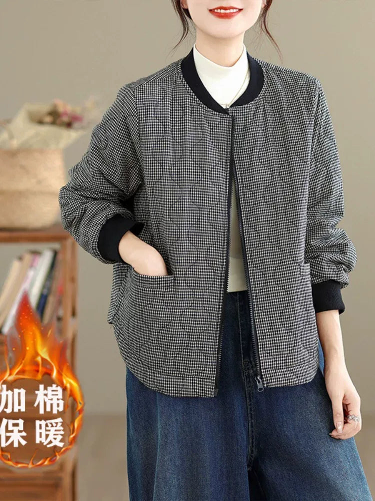 Grey Check Quilted Padded Jacket with Baseball Collar