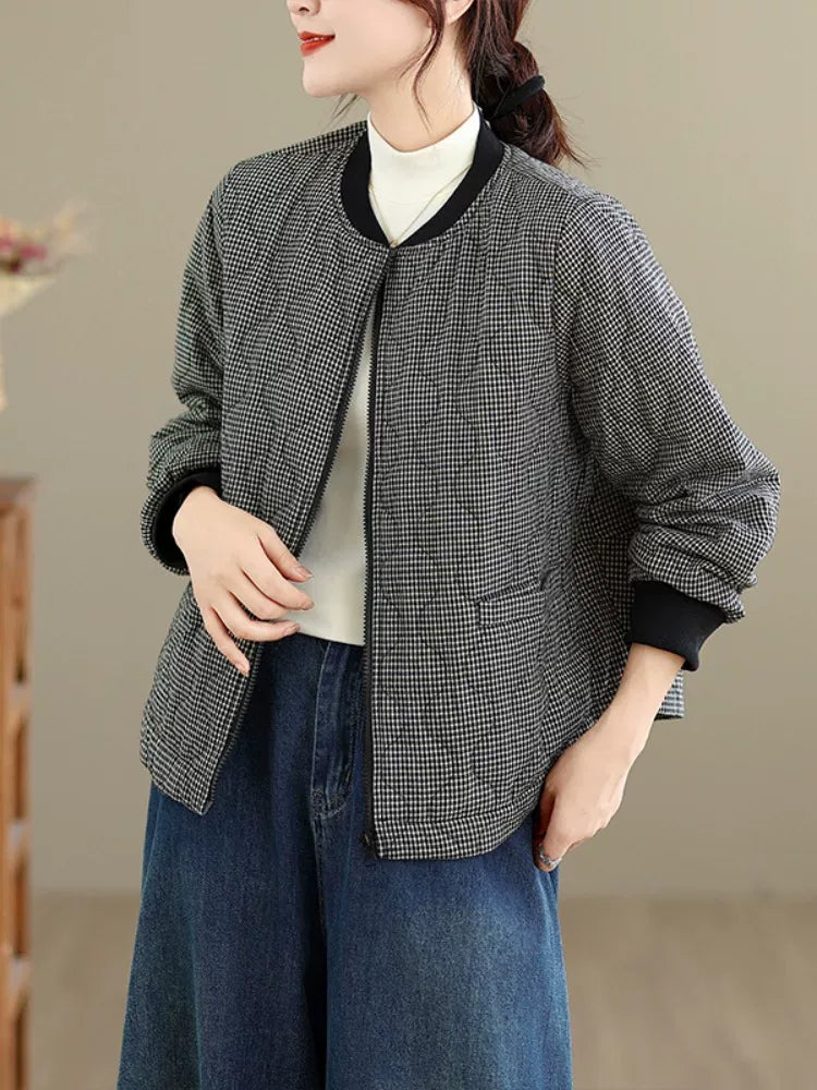 Grey Check Quilted Padded Jacket with Baseball Collar