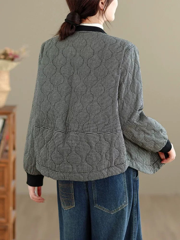 Grey Check Quilted Padded Jacket with Baseball Collar