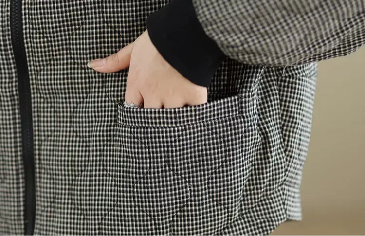 Grey Check Quilted Padded Jacket with Baseball Collar