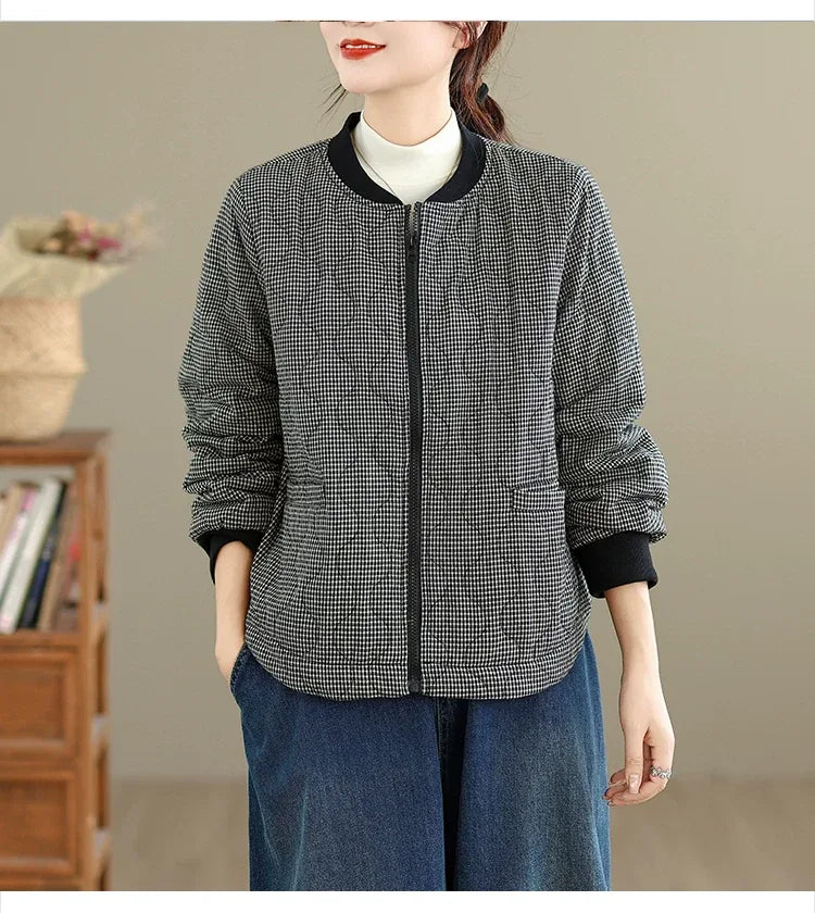 Grey Check Quilted Padded Jacket with Baseball Collar