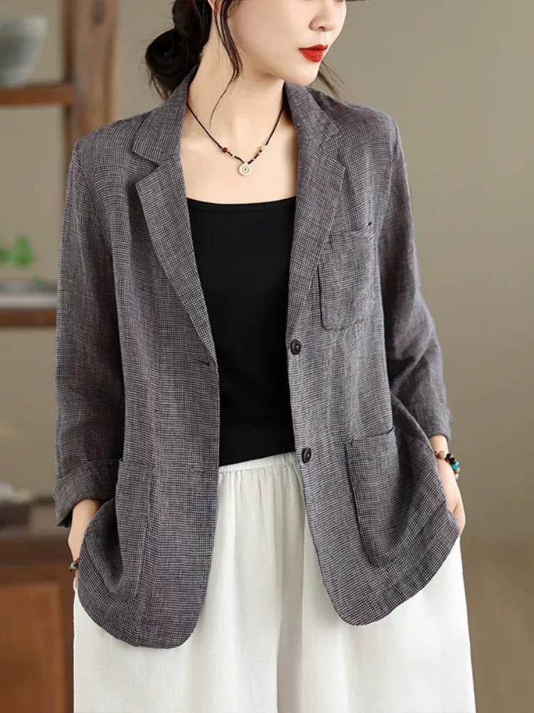 Grey Plaid Notched Lapel Blazer with Patch Pockets