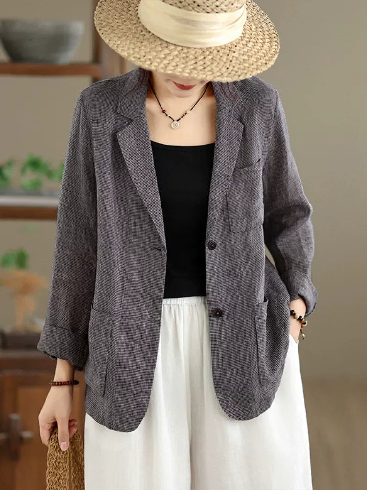 Grey Plaid Notched Lapel Blazer with Patch Pockets
