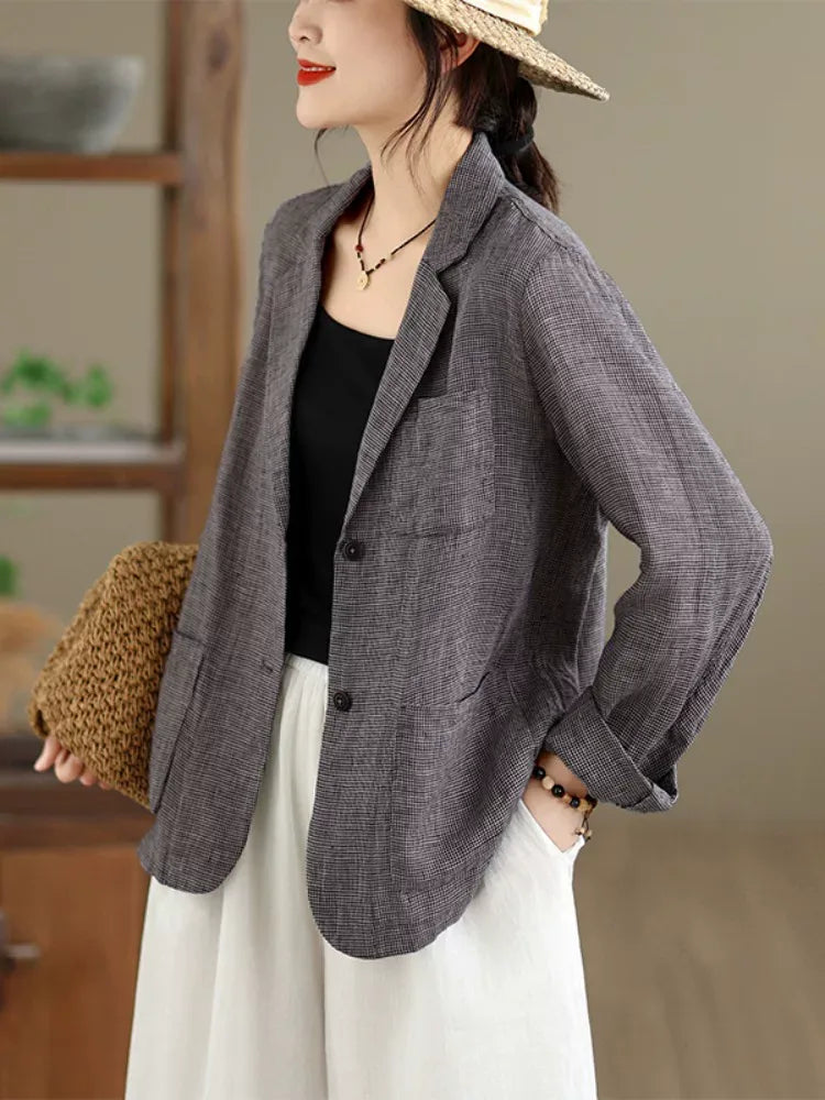 Grey Plaid Notched Lapel Blazer with Patch Pockets