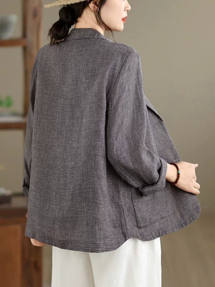 Grey Plaid Notched Lapel Blazer with Patch Pockets