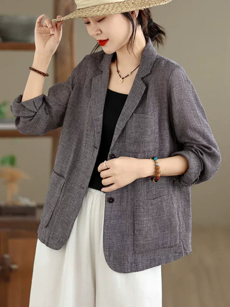 Grey Plaid Notched Lapel Blazer with Patch Pockets