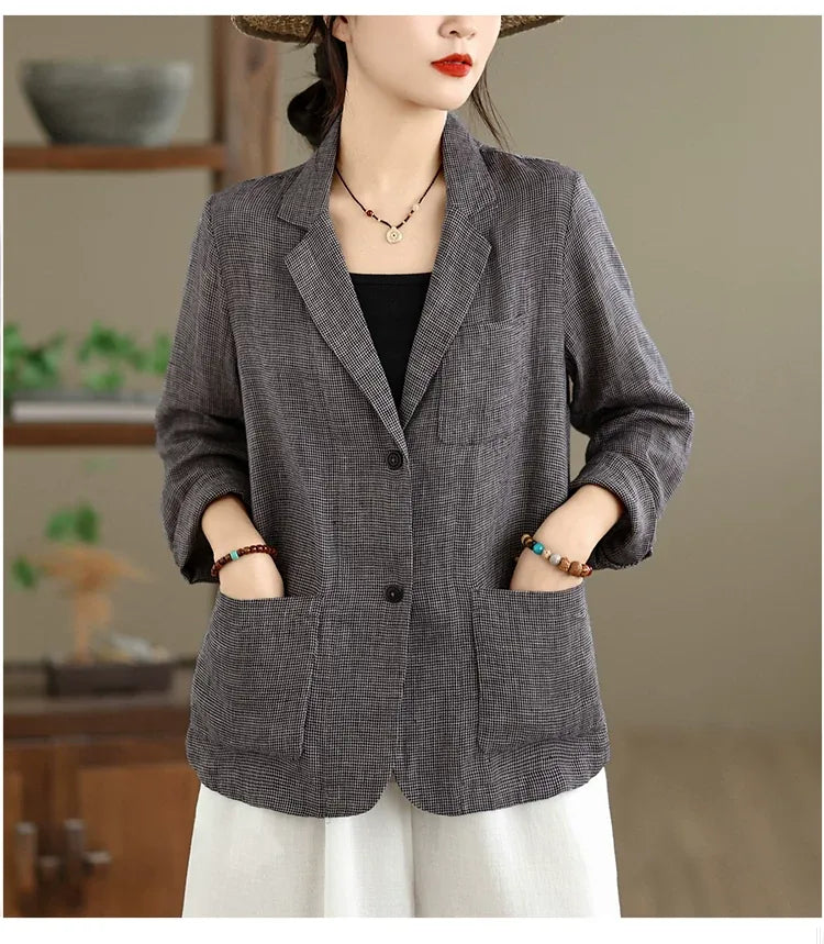 Grey Plaid Notched Lapel Blazer with Patch Pockets