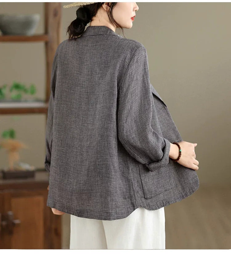 Grey Plaid Notched Lapel Blazer with Patch Pockets