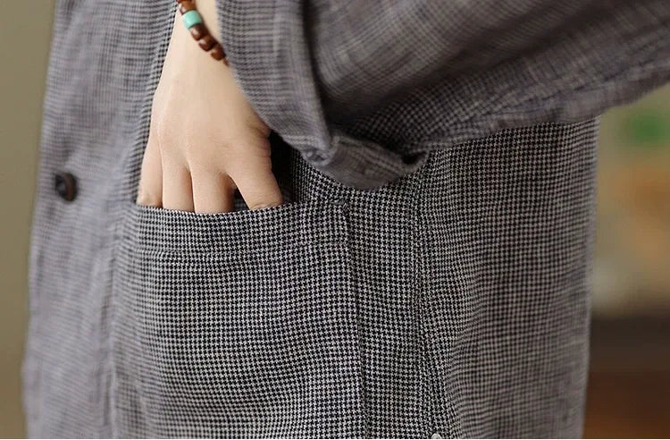 Grey Plaid Notched Lapel Blazer with Patch Pockets