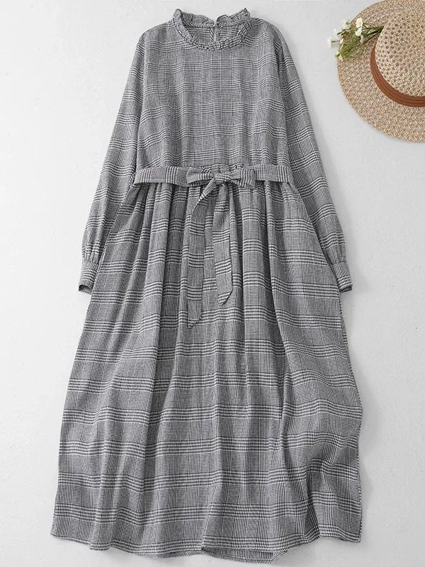 Grey Plaid Ruffled Collar Tie Belt A-Line Midi Dress
