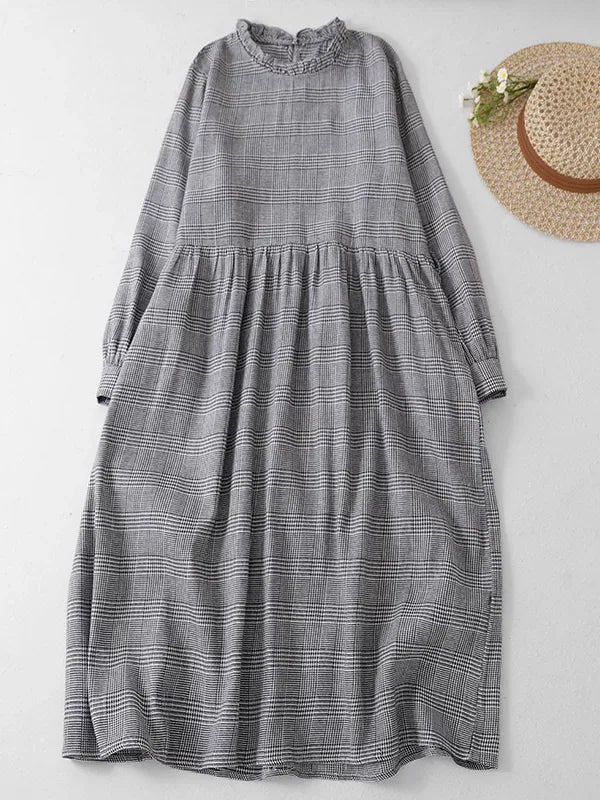 Grey Plaid Ruffled Collar Tie Belt A-Line Midi Dress