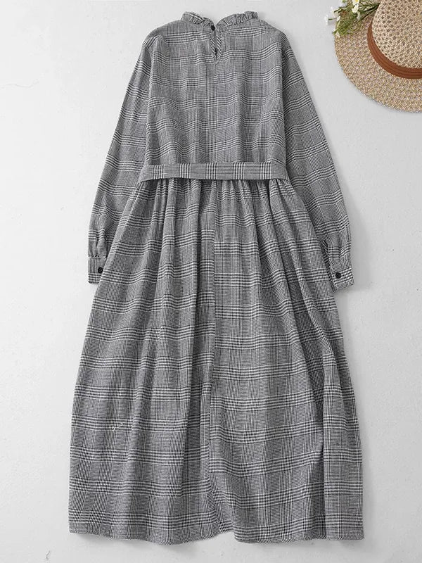 Grey Plaid Ruffled Collar Tie Belt A-Line Midi Dress