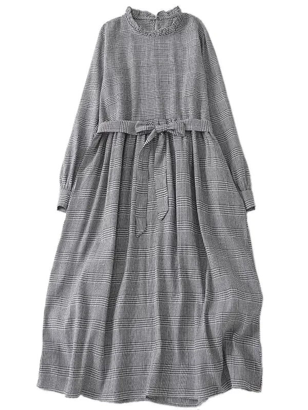 Grey Plaid Ruffled Collar Tie Belt A-Line Midi Dress