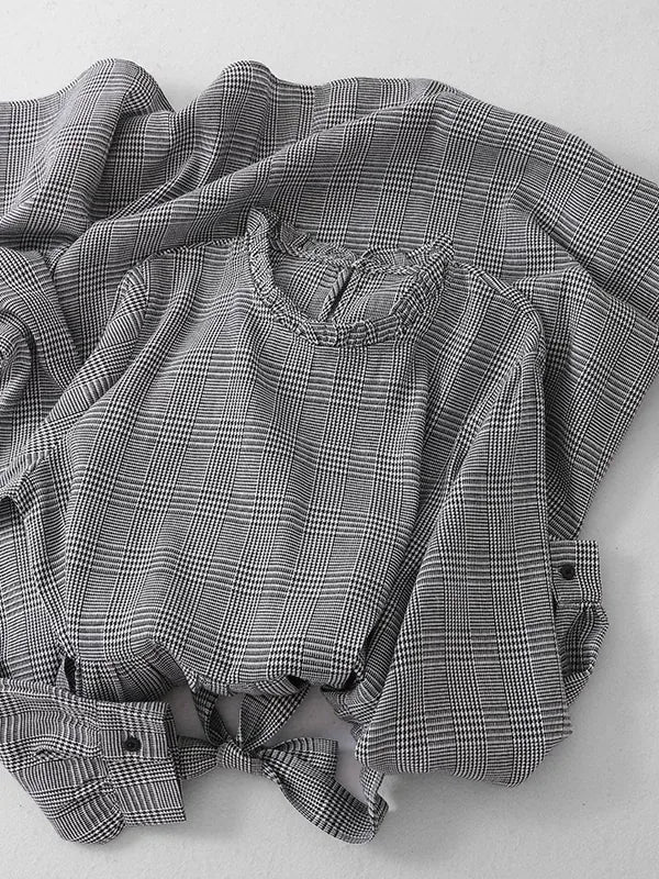 Grey Plaid Ruffled Collar Tie Belt A-Line Midi Dress