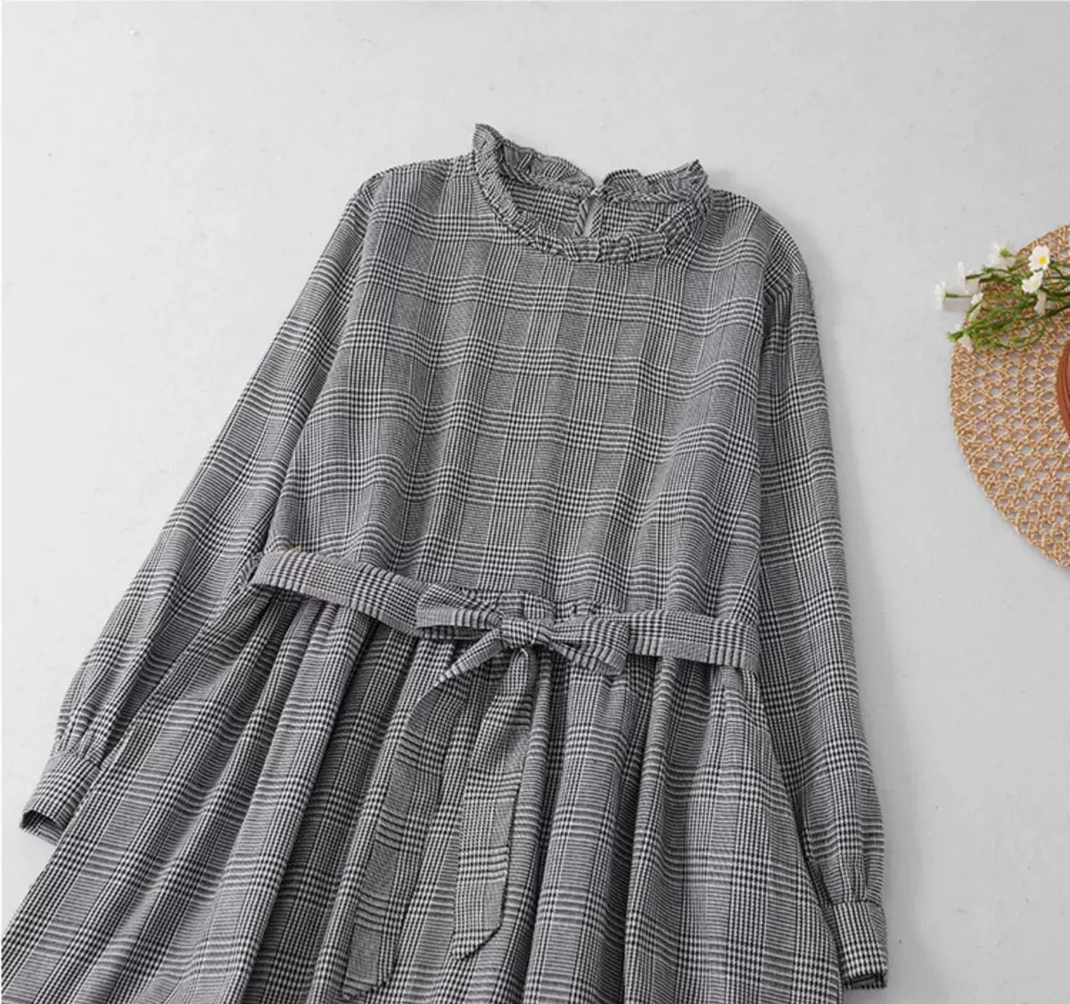 Grey Plaid Ruffled Collar Tie Belt A-Line Midi Dress