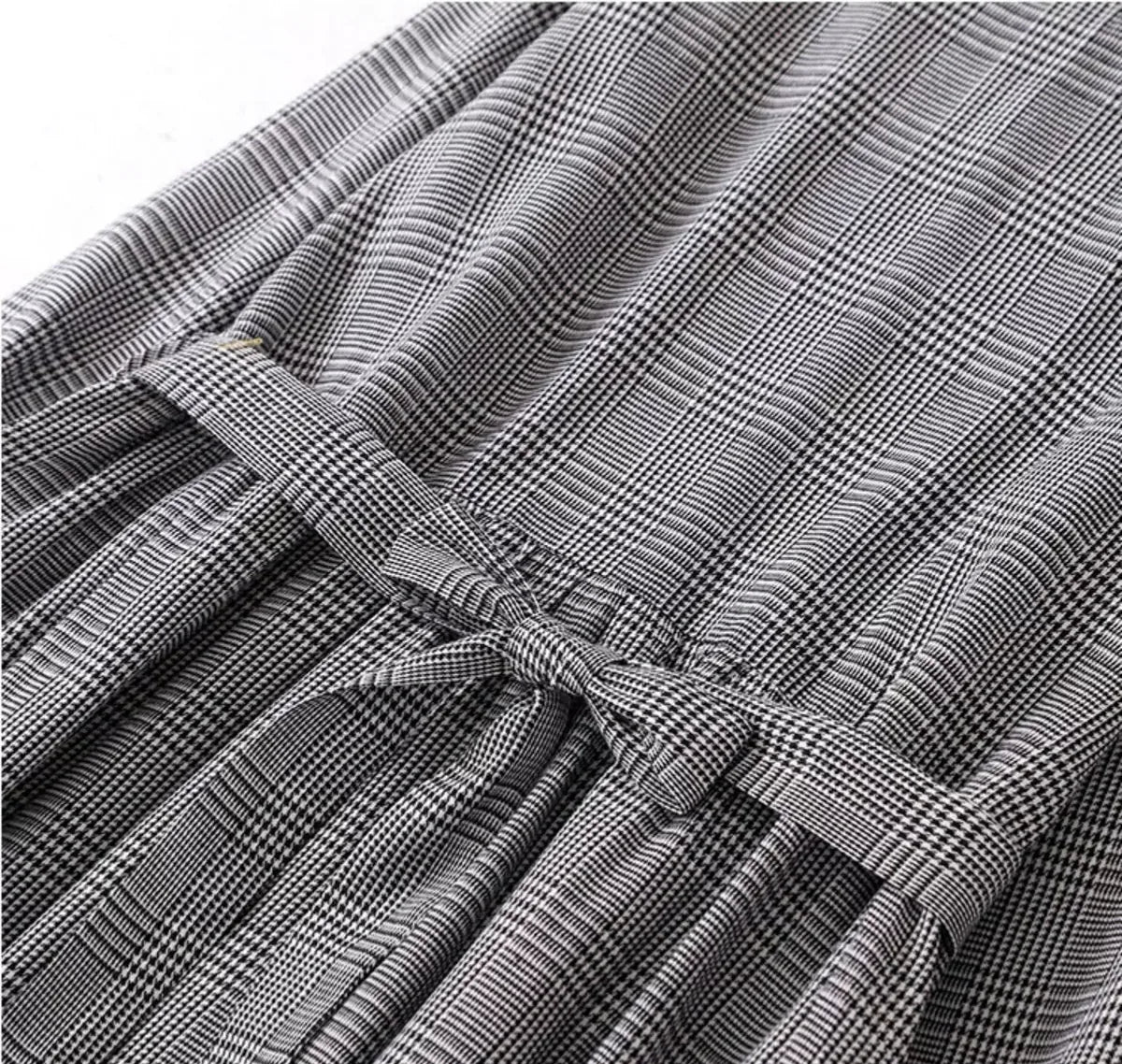 Grey Plaid Ruffled Collar Tie Belt A-Line Midi Dress