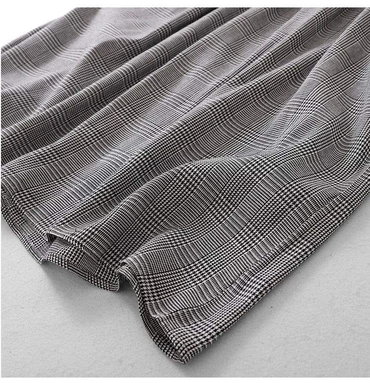 Grey Plaid Ruffled Collar Tie Belt A-Line Midi Dress