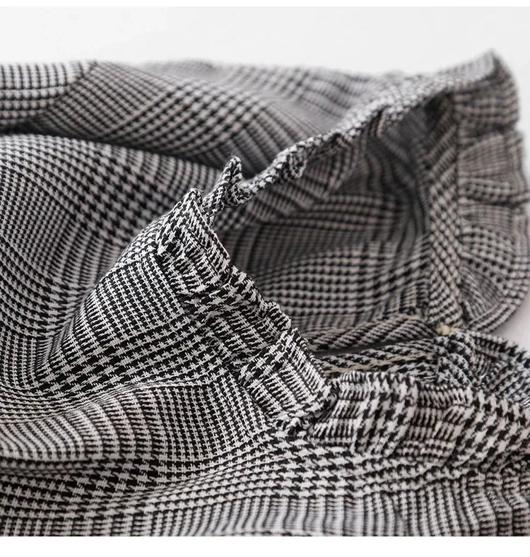Grey Plaid Ruffled Collar Tie Belt A-Line Midi Dress