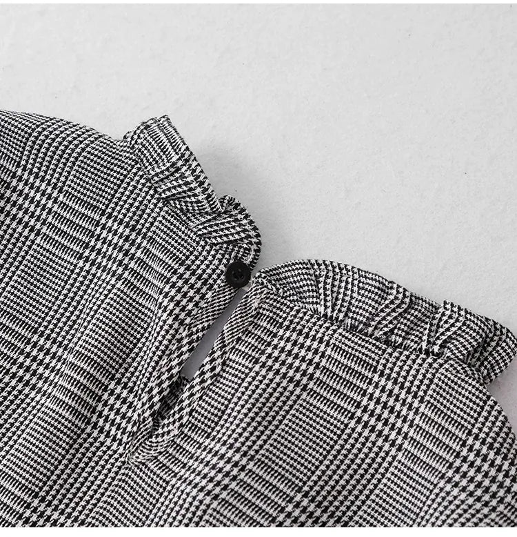 Grey Plaid Ruffled Collar Tie Belt A-Line Midi Dress