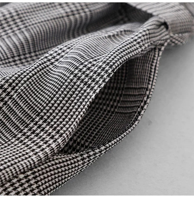 Grey Plaid Ruffled Collar Tie Belt A-Line Midi Dress