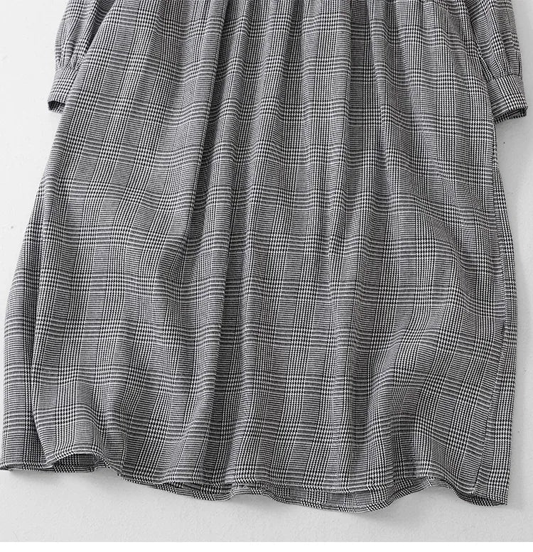 Grey Plaid Ruffled Collar Tie Belt A-Line Midi Dress