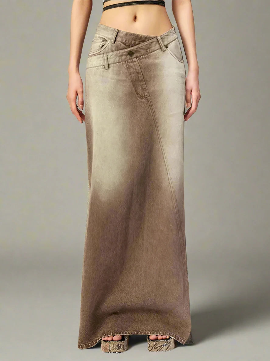 Grunge Distressed Tie-Dye Long Skirt with Asymmetrical Waist