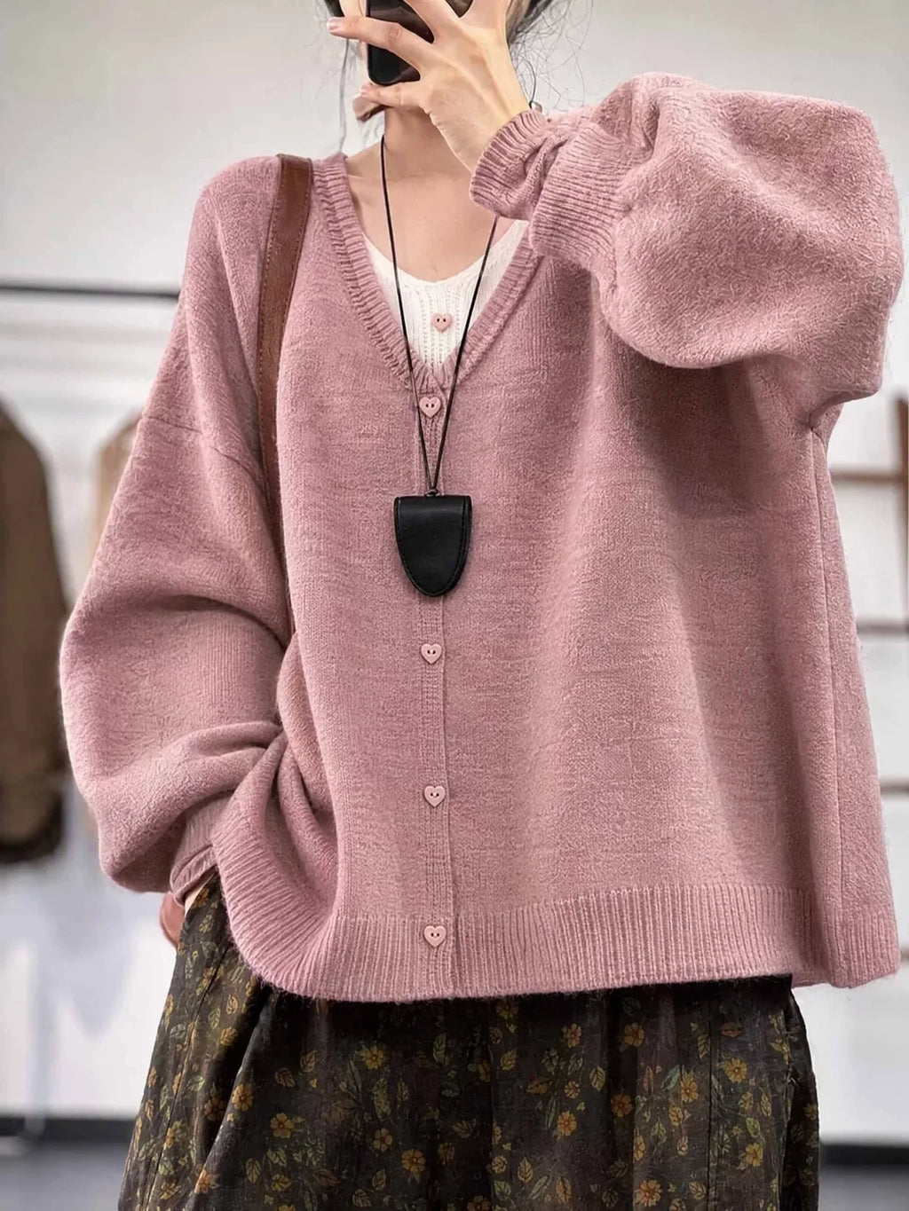 Heart Button V-Neck Oversized Knit Cardigan