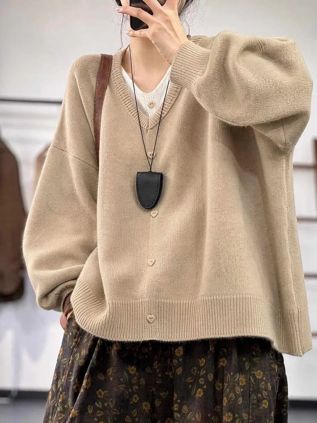 Heart Button V-Neck Oversized Knit Cardigan