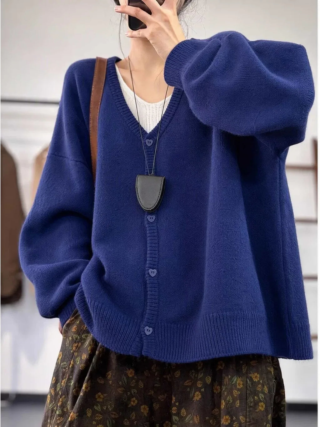 Heart Button V-Neck Oversized Knit Cardigan