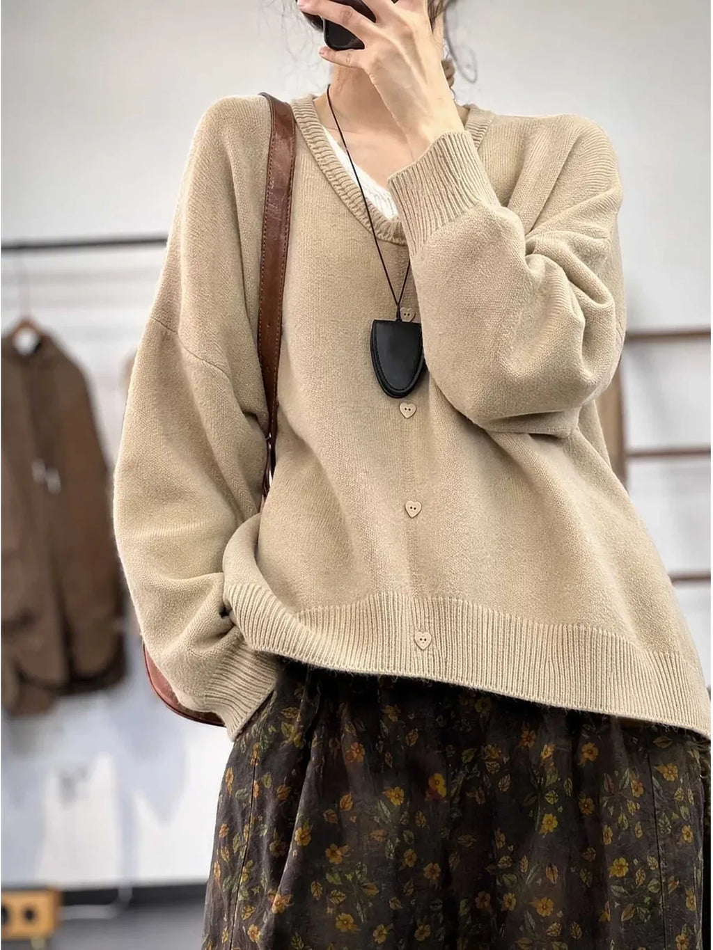 Heart Button V-Neck Oversized Knit Cardigan