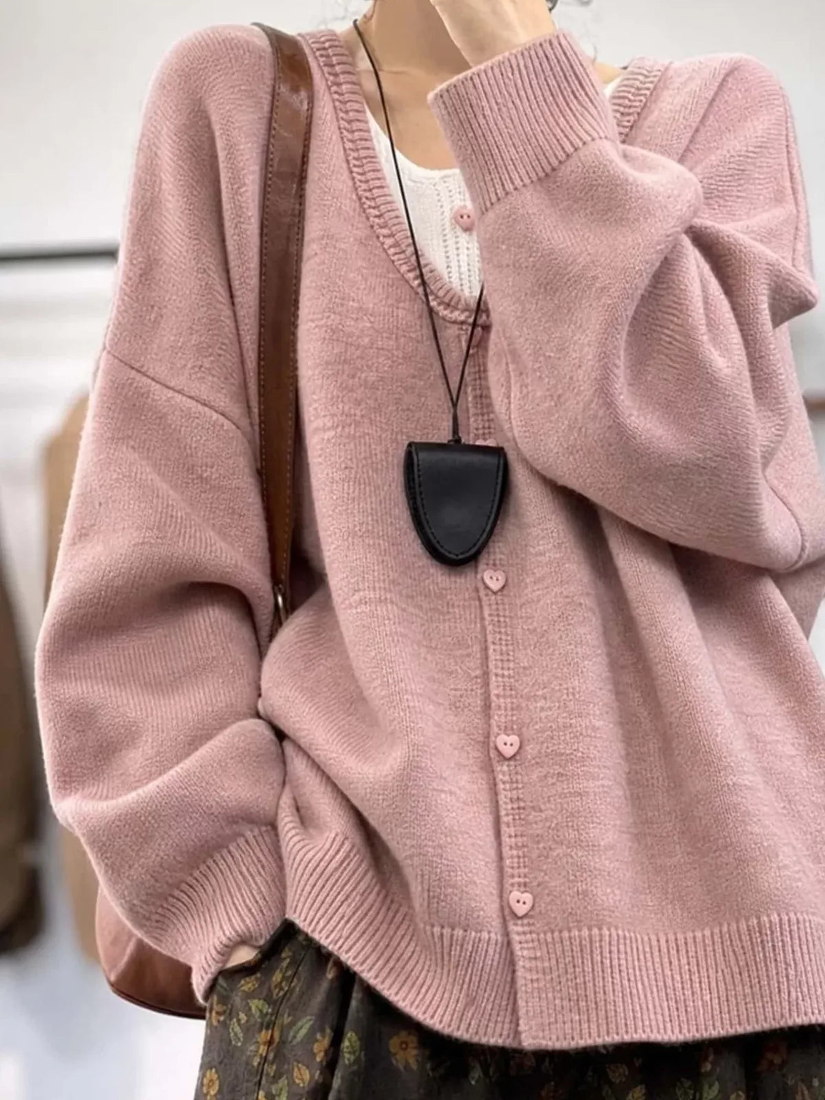 Heart Button V-Neck Oversized Knit Cardigan