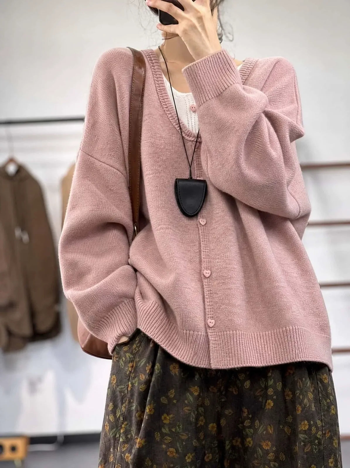 Heart Button V-Neck Oversized Knit Cardigan