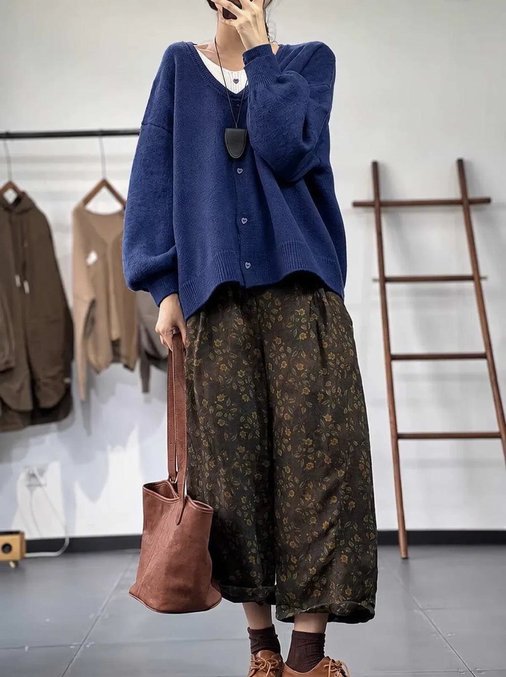 Heart Button V-Neck Oversized Knit Cardigan
