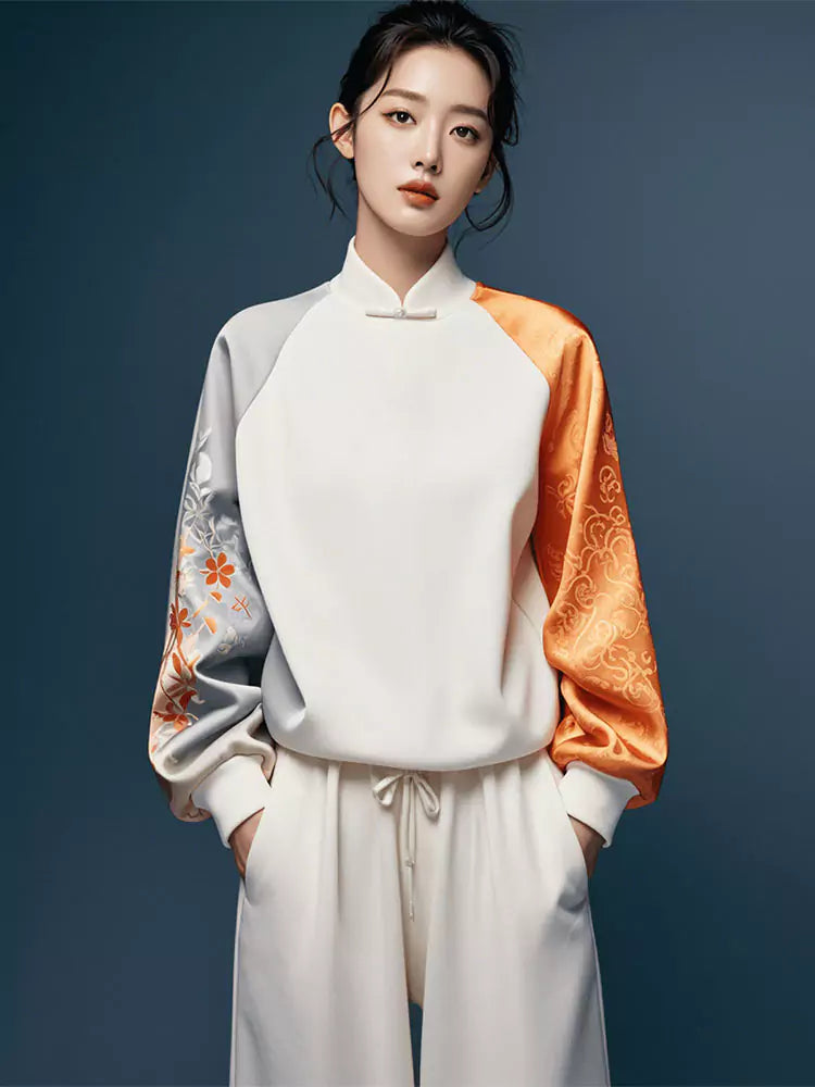 Hochwertiges, chinesisch inspiriertes Jacquard-Sweatshirt für Damen