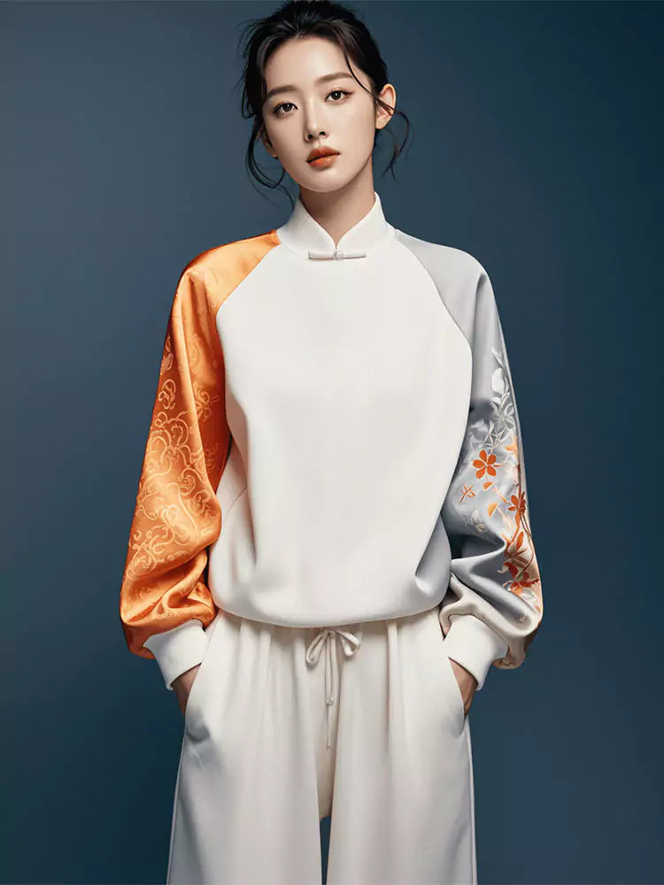 Hochwertiges, chinesisch inspiriertes Jacquard-Sweatshirt für Damen