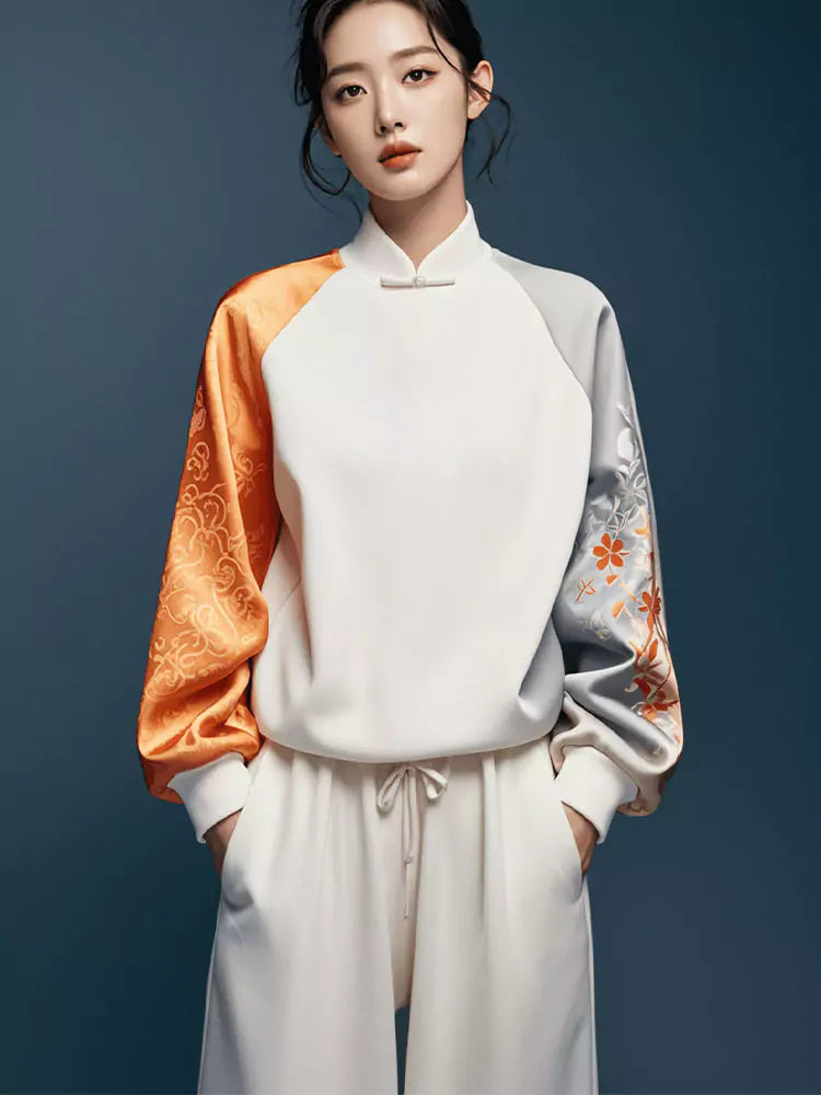 Hochwertiges, chinesisch inspiriertes Jacquard-Sweatshirt für Damen